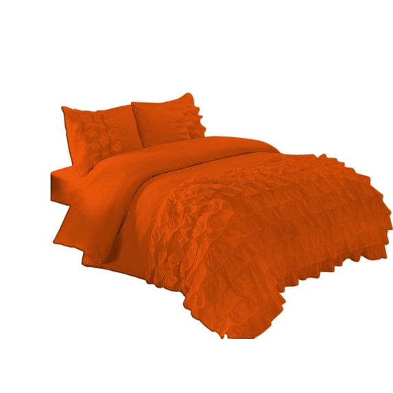 100% Egyptian Cotton 3Pcs Water Fall Half Ruffled Duvet Set - Solid (Orange,Oversized King)