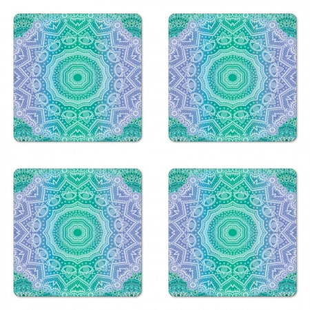 

Ethnic Coaster Set of 4 Traditional Mystical Oriental Mandala Yantra Geometry Pattern Square Hardboard Gloss Coasters Standard Size Purple Green by Ambesonne