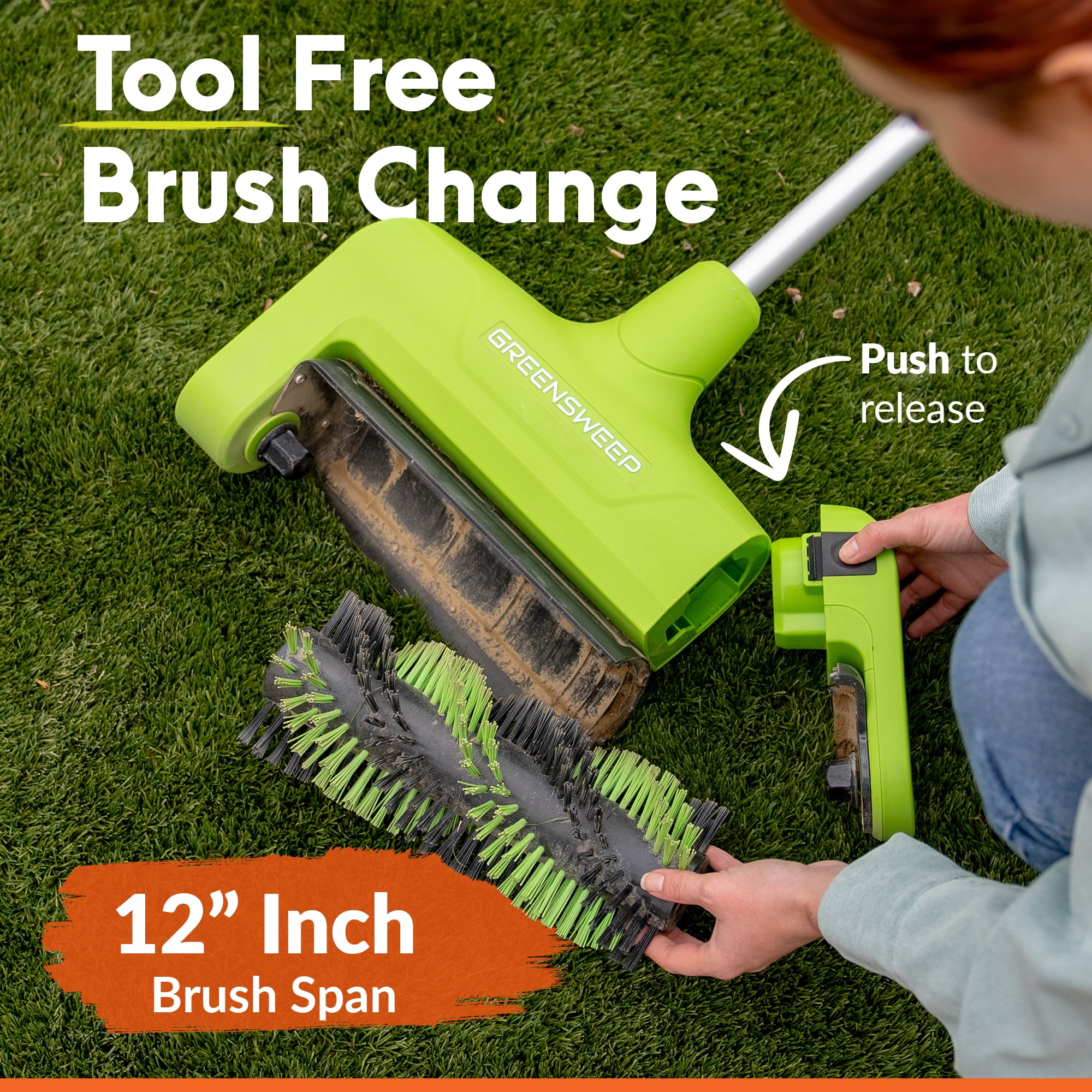 GreenSweep Reviver Volt Cordless Artificial Grass Power Brush, 12 in Cleaning Width, 20V Battery, Variable Speed, Removes Dirt, Debris and Pet Hair