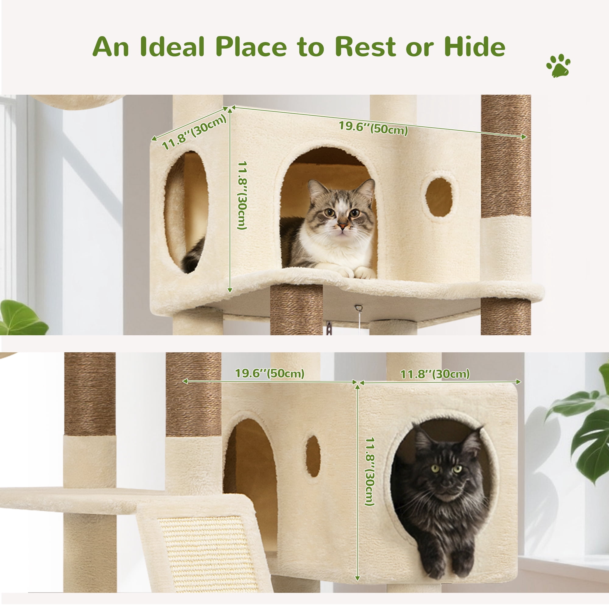 Globlazer 77" Large Cat Tree and Tower Condo for Indoor Cats with Sisal Scratching Posts, Condos, Hammock & Hammock, Beige