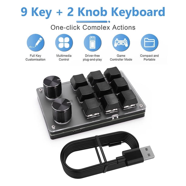 Programación Teclado Macro USB 9 Teclas + 2 Perillas Teclado Mecánico (Negro)
