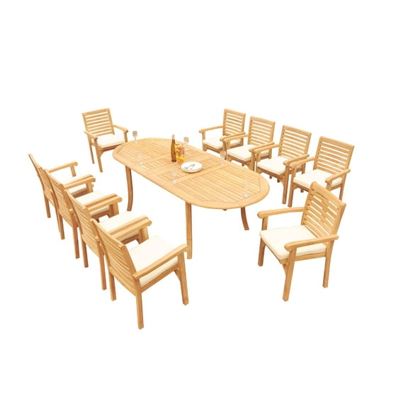 Grade-A Teak Dining Set: 10 Seater 11 Pc: 94" Oval Table And 10 Hari Stacking Arm Chairs Outdoor Patio WholesaleTeak #51HR2211
