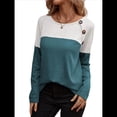 thumbnail image 1 of Camisetas de Punto Gofre para Mujer, Camisetas de Larga con Bloques de Color y Detalle de Botones, Túnicas Verde Pavo Real XL, 1 of 10