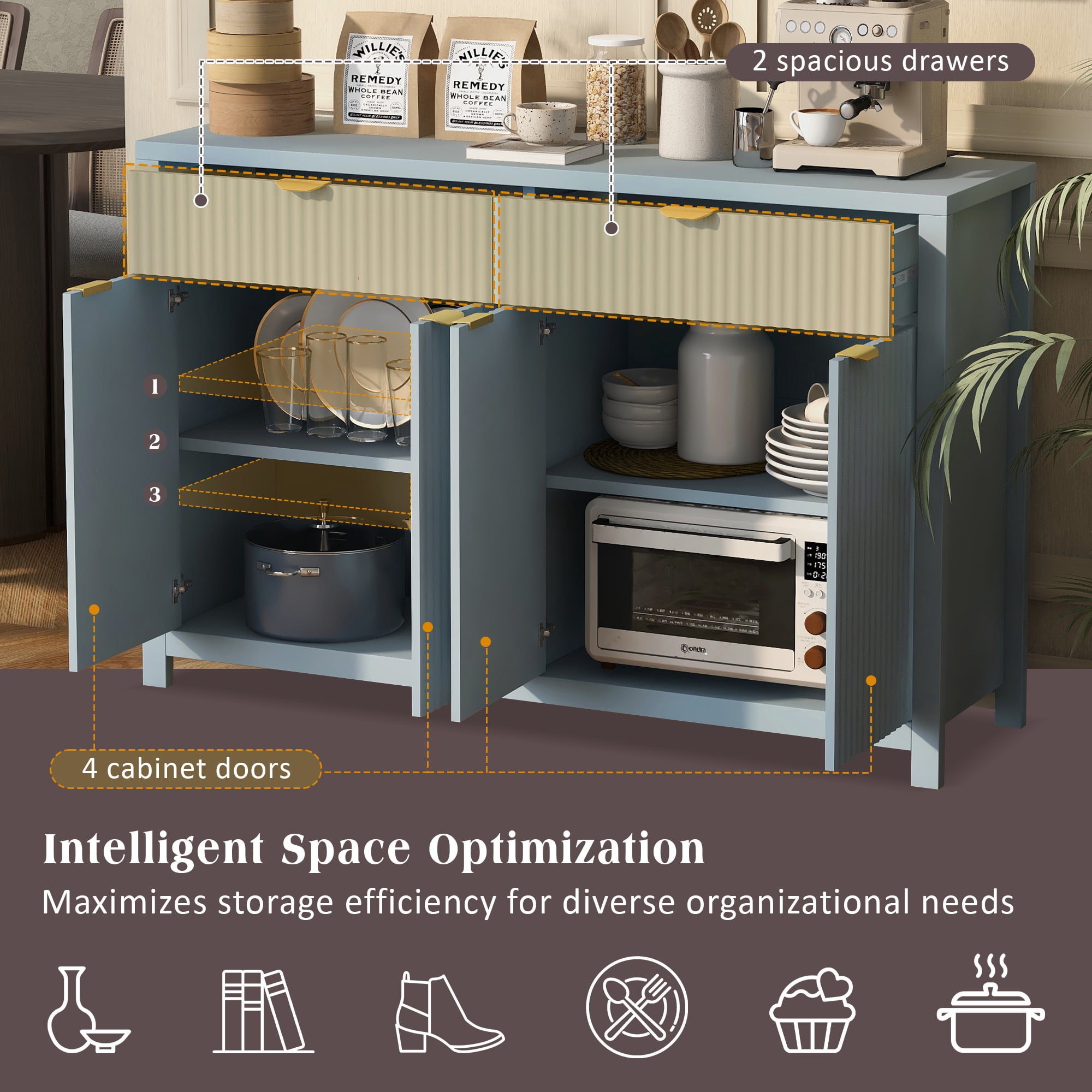 Euroco Sideboard Buffet Cabinet with 2 Drawers,55" Large Storage Cabinet with Adjustable Shelves and 4 Doors,Wood Coffee Bar Cabinet for Dining Room,Living Room,Hallway,Cyan