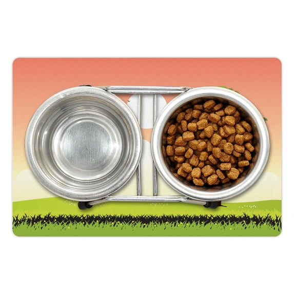 Grass Pet Mat for Food and Water, Summer Season Landscape with Lonely Tree and Open Sky Countryside Scenery, Non-Slip Rubber Mat for Dogs and Cats, 18" X 12", by Ambesonne