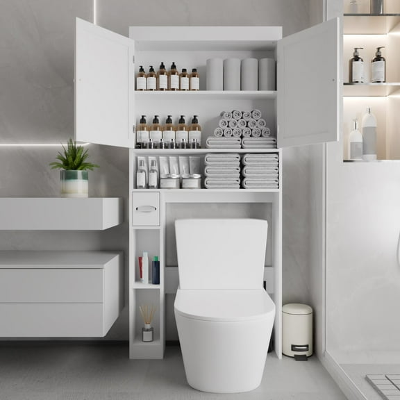 WEGFTDUOP Over Toilet Storage Cabinet - Over Toilet Bathroom Organizer,2 Barn Doors & Paper Holder, Space Saving Organizer for Bathroom & Laundry
