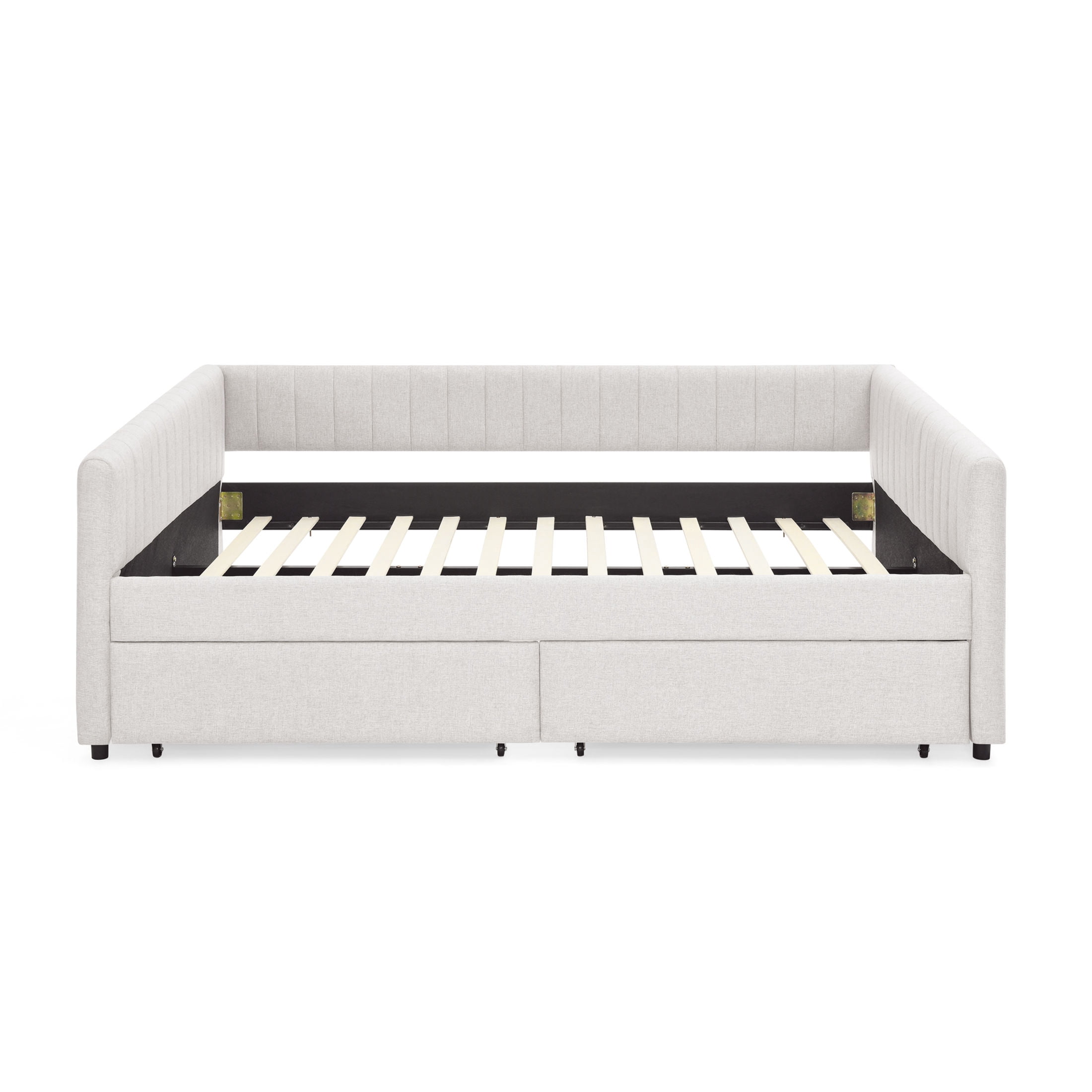 Noble House Solley Queen Size Daybed with Vertical Stripes & Storage Drawers, Linen Upholstered Sofa Bed, Beige