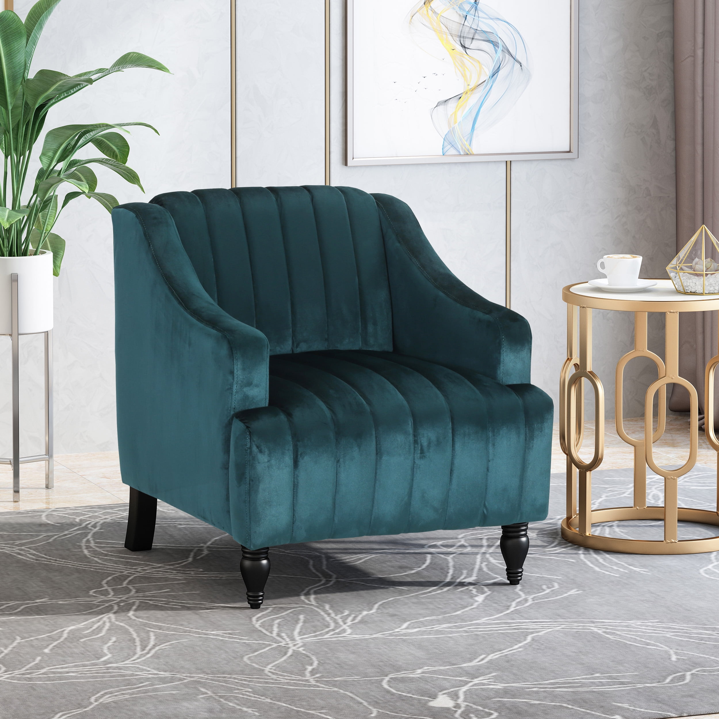 Noble House Lyberty Glam Velvet Club Chair, Teal and Dark Brown