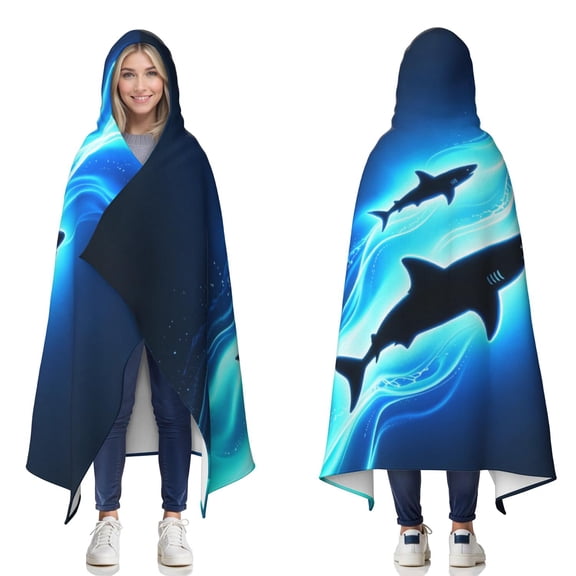 Cool Shark Wearable Blanket Hoodies for Women Men Adults Shark Lovers Warm Cozy Blue Wave Sharks Hooded Blankets for Sofa Bed Decor Birthday Gifts 60x80 Inch