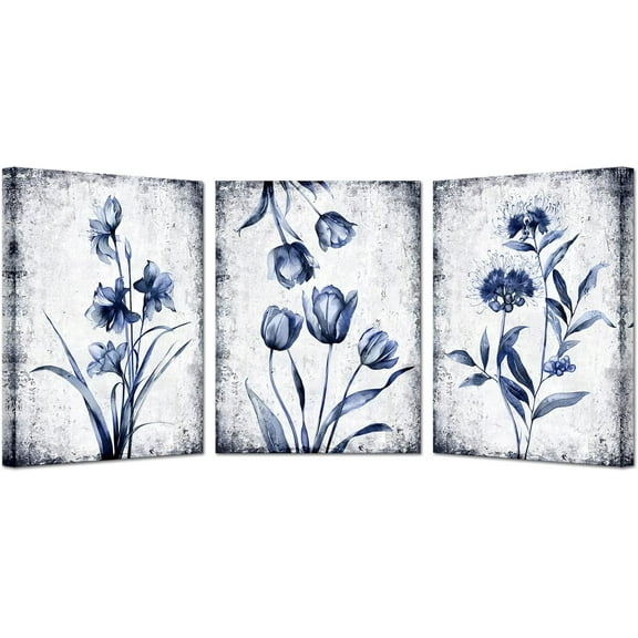 KREATIVE ARTS 3 Pieces Canvas Wall Art Navy Blue and Grey Flower Painting Art Prints Vintage Floral Picture Artwork Modern Bedroom Bathroom Wall Decor Framed Ready to Hang Each Panel 12x16 Inches