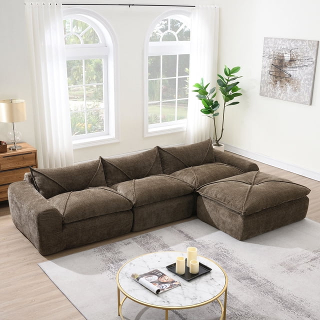 MODERNLUXE 116" Extra Large Modular Sectional Sofa,L-Shape Sleeper Sofa with Cushion Back & Deep Seat ,Chenille Modern Couch for Living Room,No Assembly Required, Free Combination, Brown