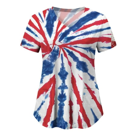 

National Flag Printed Working Uniform Lady Womens Casual Independence Day V Neck Print Short Sleeve Pocket Top Pocket Top T Shirt Scrubs Uniform Nurses