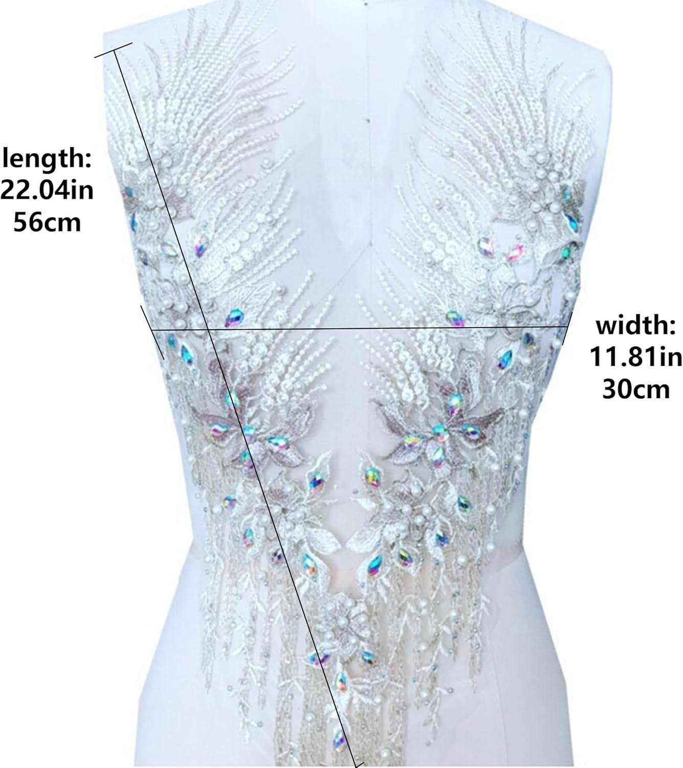 Handmade Rhinestone Applique: 3D Lace Applique Beaded Embroidered Trim - Bodice Applique, Rhinestone Fabric Patches for Sewing Clothes Wedding Bridal Dress Decorative (White)