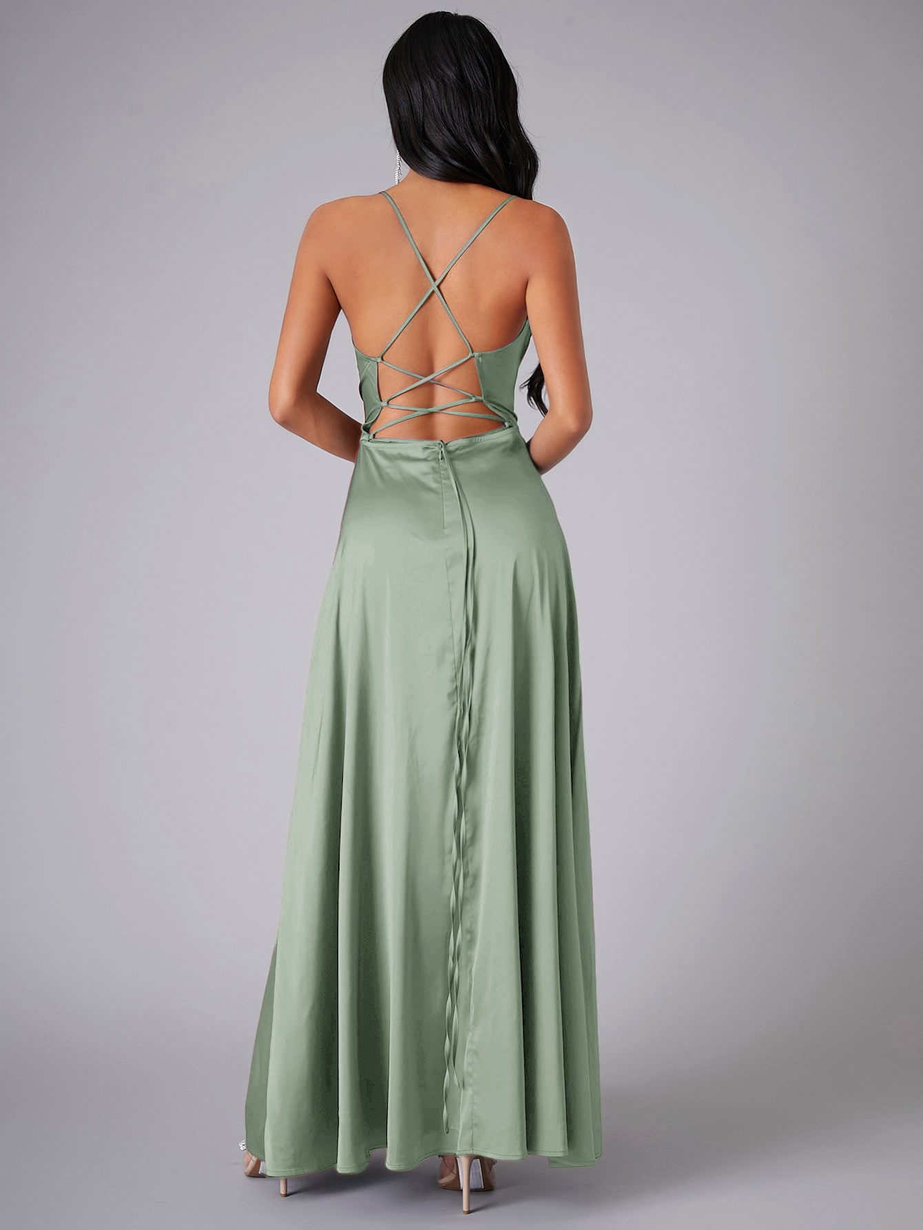 Mint Green Women's Crisscross Backless Wrap Satin Prom Dress Glamorous
