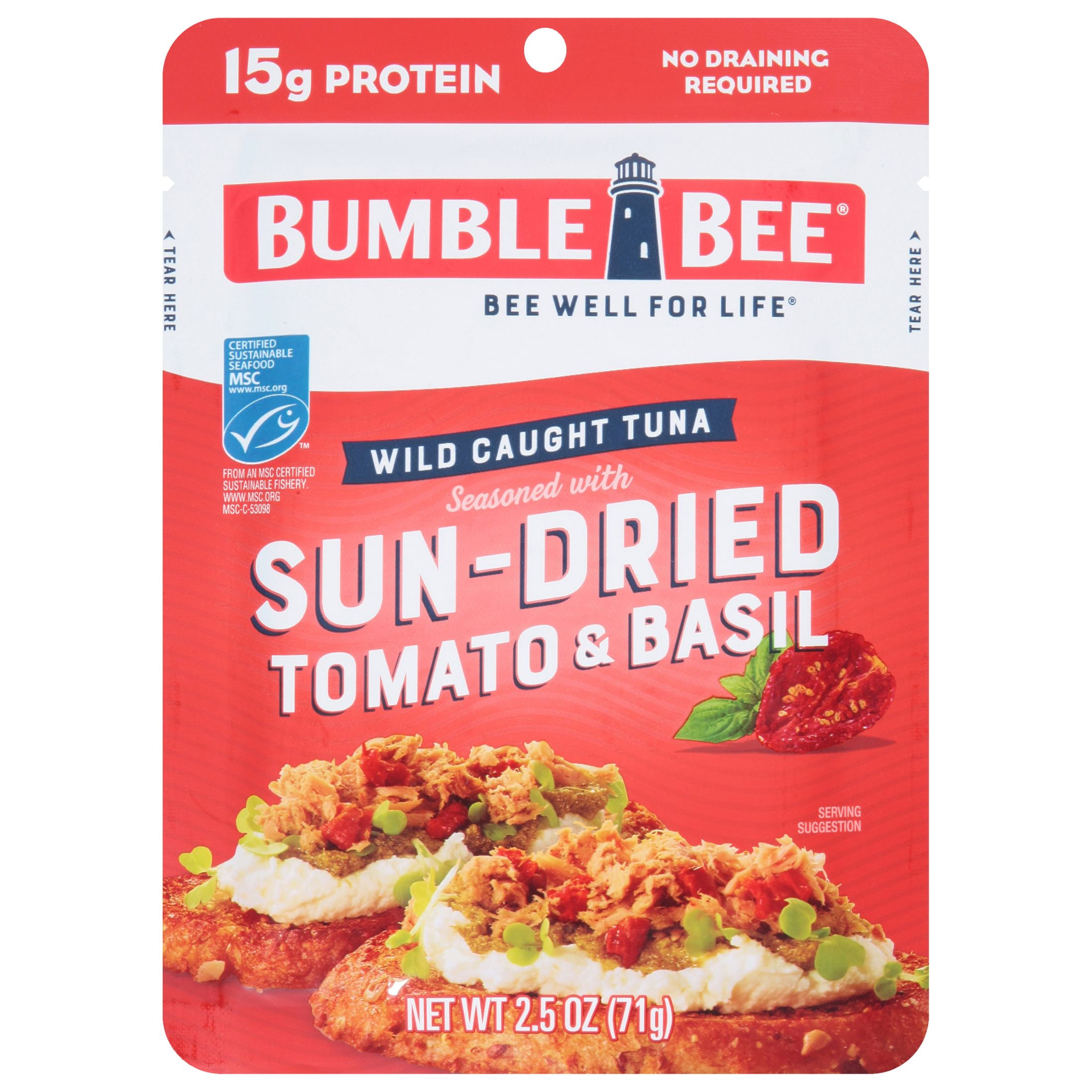(3 pack) Bumble Bee Sun-Dried Tomato & Basil Seasoned Light Tuna, Wild Caught, Gluten Free, 15g Protein per Serving, Ready to Eat, Shelf Stable Pouch, 2.5 oz