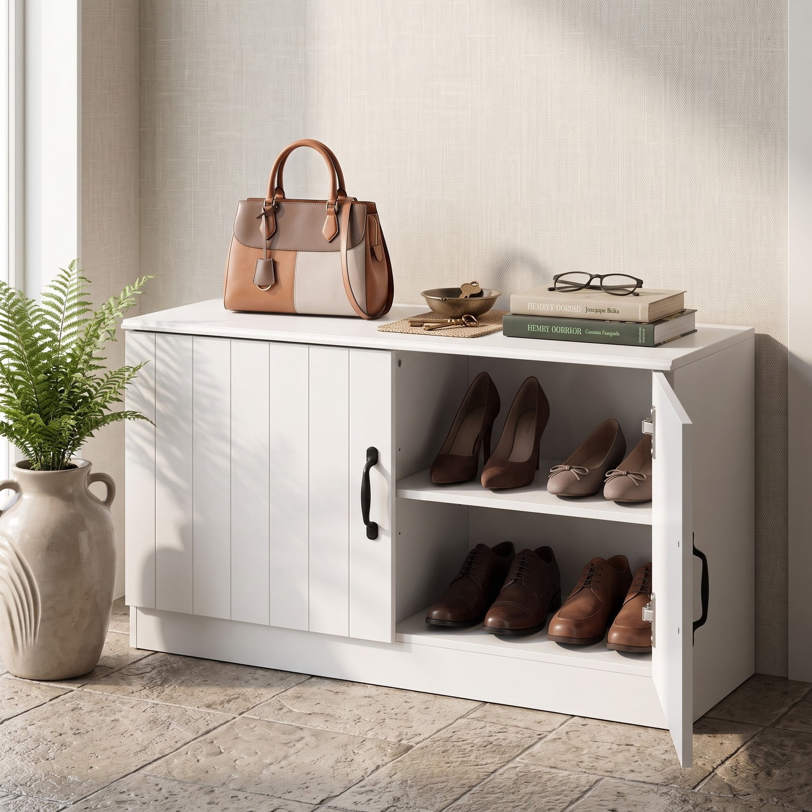 Furnibear 2-Door Shoe Bench Storage Cabinet with Adjustable Shelves and Wide Seat for Entryway Hallway and Bedroom, White
