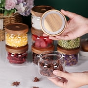 8 Pcs Spice Containers 8.5oz Glass Spice Jars With Acacia Lid and Labels - Stackable Empty Round Spice Canister for Kitchen