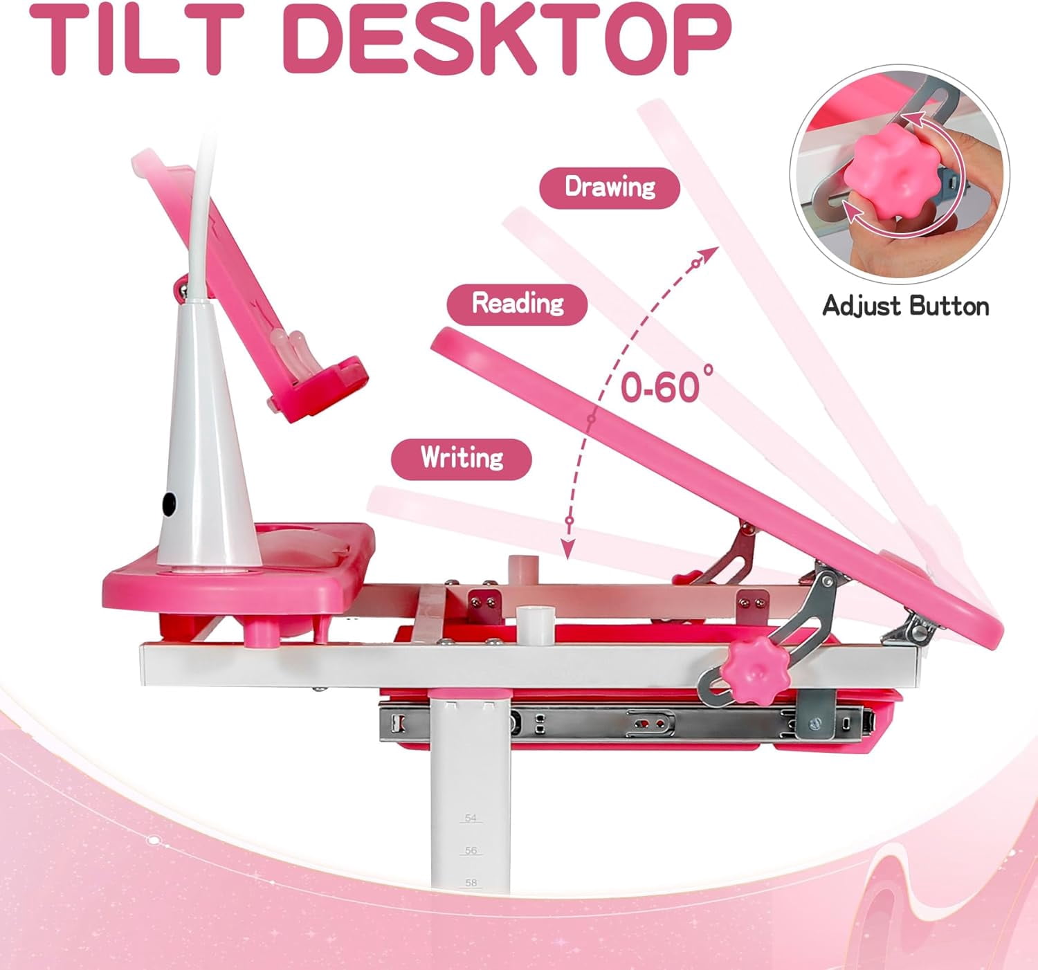 RedSwing Kids Desk and Chair Set, Height Adjustable Children Study Table Chair with Led Light, Bookstand, Portable Kids Desk with Tilted 0-60° Table Top for Girls Age 3-15,Pink