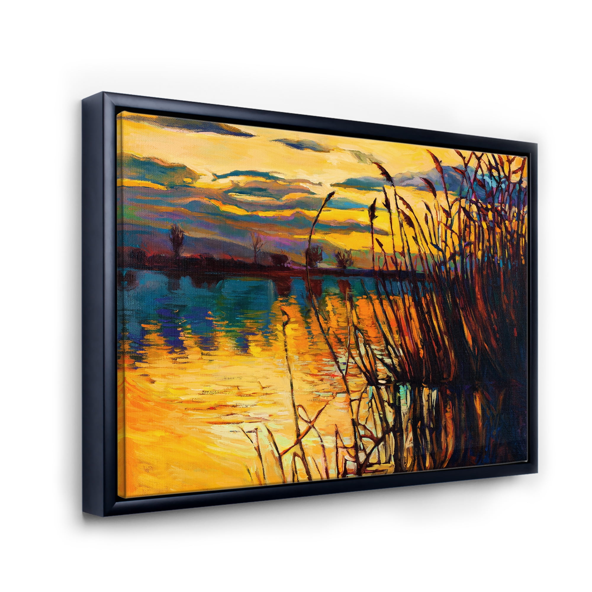 Designart 'Yellow Evening Glow Through The High Grass By The Lake' Nautical & Coastal Framed Canvas Wall Art Print