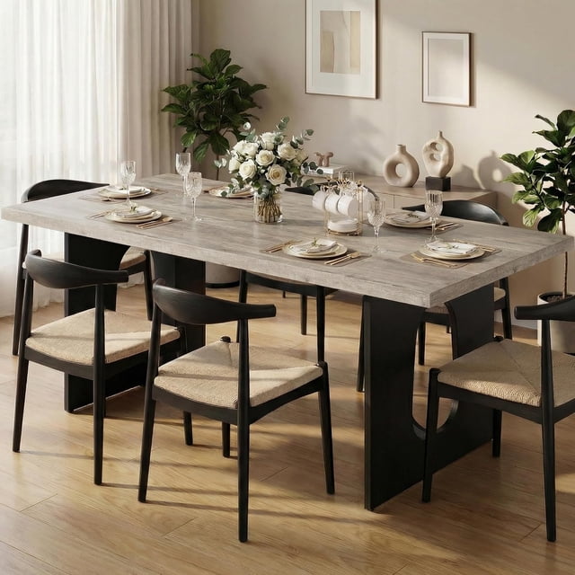 71" Long Dining Table for 6-10 People - Farmhouse Kitchen Table with Extra Thick Tabletop & Heavy-Duty Metal Legs, Sturdy Rectangular Table for Dining Room, Conference Room, Office, Grey + Black