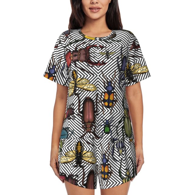 Fotbe Bright Insects Conjunto de Pijama Estampado para Mujer, 2 Piezas, Ropa de Dormir con Camiseta de Manga Corta y Shorts Suaves-Medium