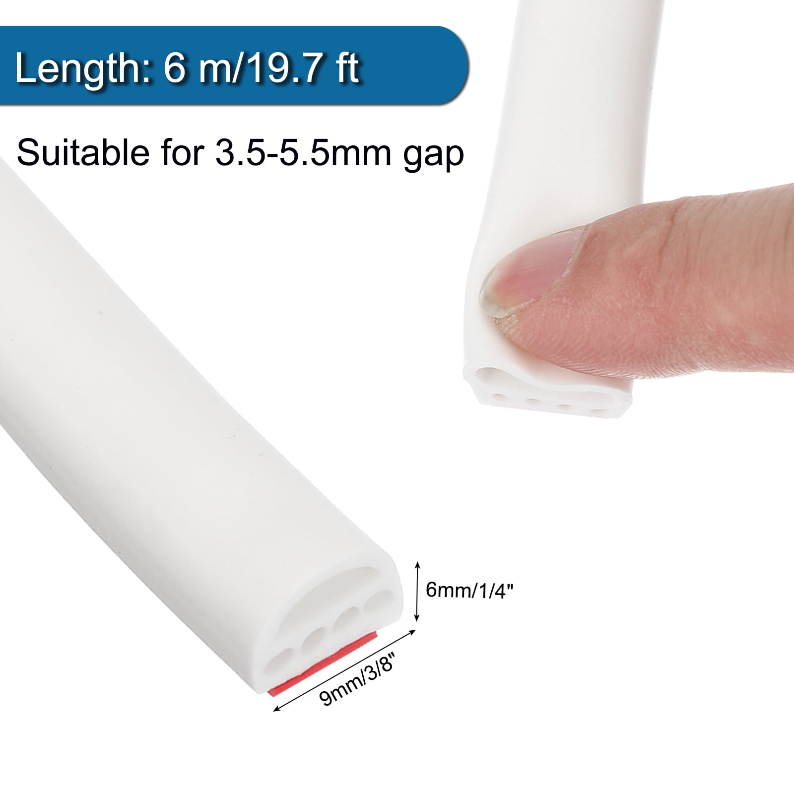 3/8 Inch x 20 ft Weather Stripping Door Seal Strip, 2 Pack Self Adhesive Silicone Seal Tape fit 3.5-5.5mm , White