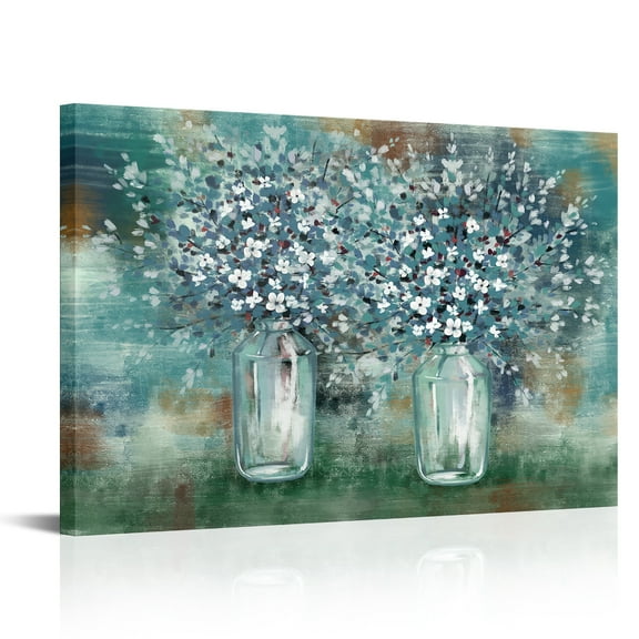 Abstract Bouquet Framed Canvas Wall Art Clearance Poster Picture Green Flowers in Vase Artwork Print Painting for Living Room Bedroom 24'' x 36''