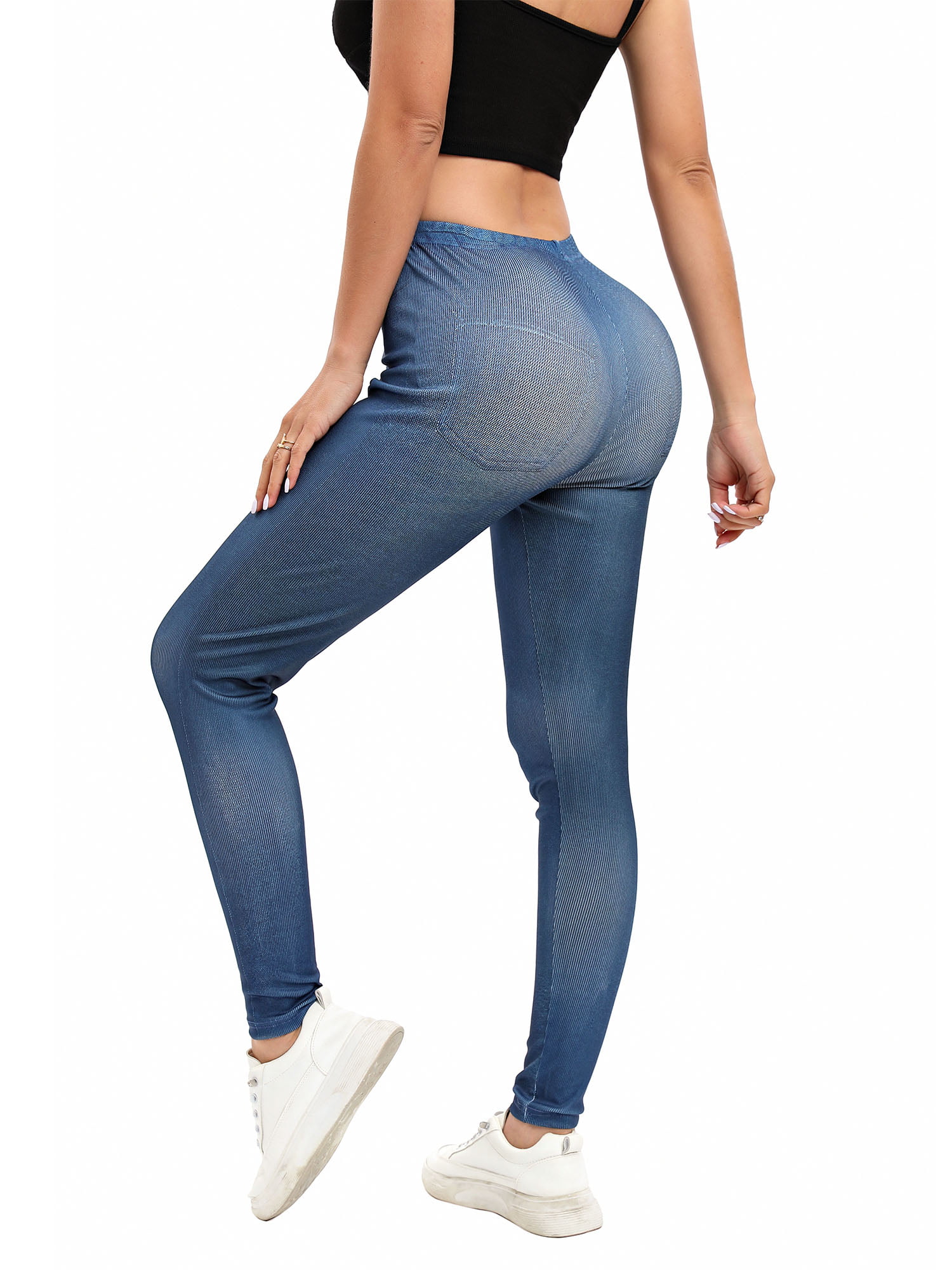 Glonme Ladies Fake Jeans Seamless Leggings Tummy Control Faux Denim Pant  Workout Comfy Jeggings Stretch High Waist Bottoms Blue-B S 