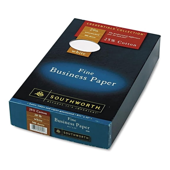Southworth 25% Cotton Business Paper, 95 Bright, 20 lb Weight, 8.5 x 14, White, 500 Sheets/Ream