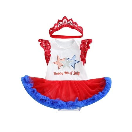 

Baby Girl 4Th of July Romper Dress Lace Ruffle Sleeveless Tulle Tutu Bodysuit with Headdress 1st Independence Day Outfit 0-3Months