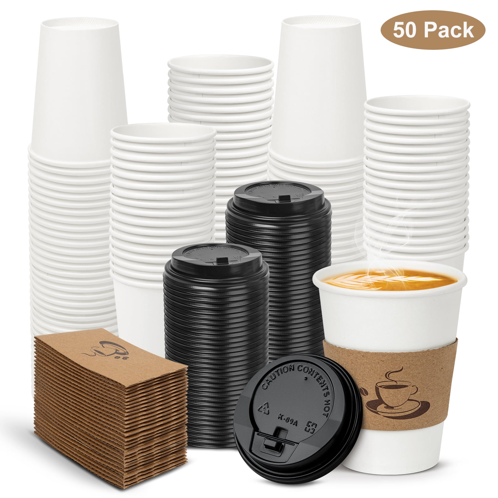 12 oz 50 Pack Disposable Paper Coffee Cups with Lids, Sleeve for Hot