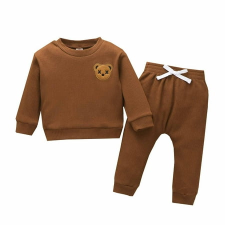 

YWDJ 6 Months-4 Years Boys Girls 2 Piece Outfit Set Fall Strip Cartoon Bear Crew Neck Sweater Trousers Set Brown 12-18 Months