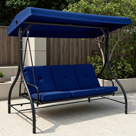 TLSUNNY 3-Seat Patio Swing w/ 45° Tilt Adjustable Canopy, Convertible Glider Bed with Stand, Removable Cushions for Backyard, Porch, Poolside, 750LBS Capacity