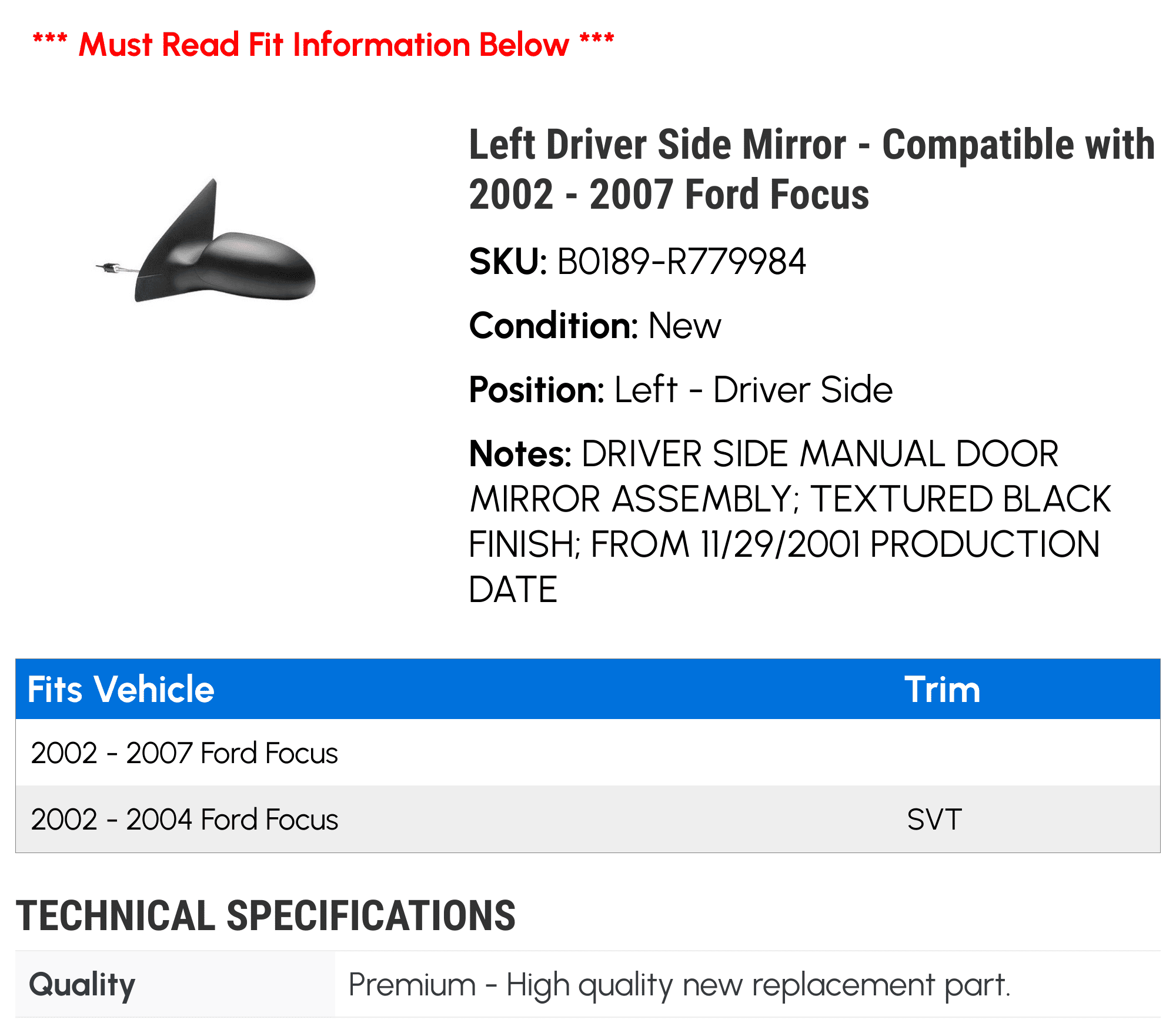 Left Driver Side Mirror - Compatible with 2002 - 2007 Ford Focus 2003 2004 2005 2006