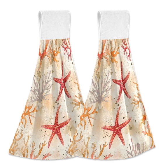 Yayeee Kitchen Hanging Hand Towels Set of 2 with Loop Bathroom Absorbent Tie Towel, Orange Starfish