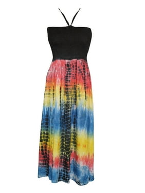 Mogul Womens Dress Halter Neck Tie- Dye Flare Gypsy Beach Maxi Dresses