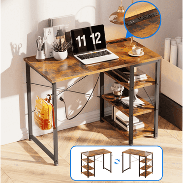 Casacomoda 32 inch Computer Desk with 3 Tier Shelves for Small Space, Small Table with Power Outlets, Vintage