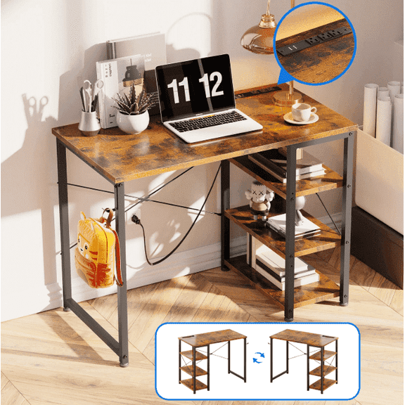 Casacomoda 32 inch Computer Desk with 3 Tier Shelves for Small Space, Small Table with Power Outlets, Vintage