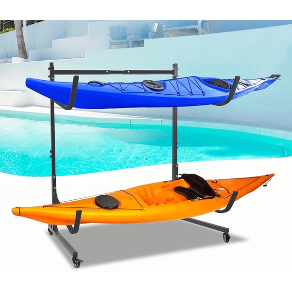 Freestanding Kayak Storage Rack, 2 Tier Heavy Duty Adjustable Kayak Stand with Wheels for Small Canoe Surfboard Paddleboard