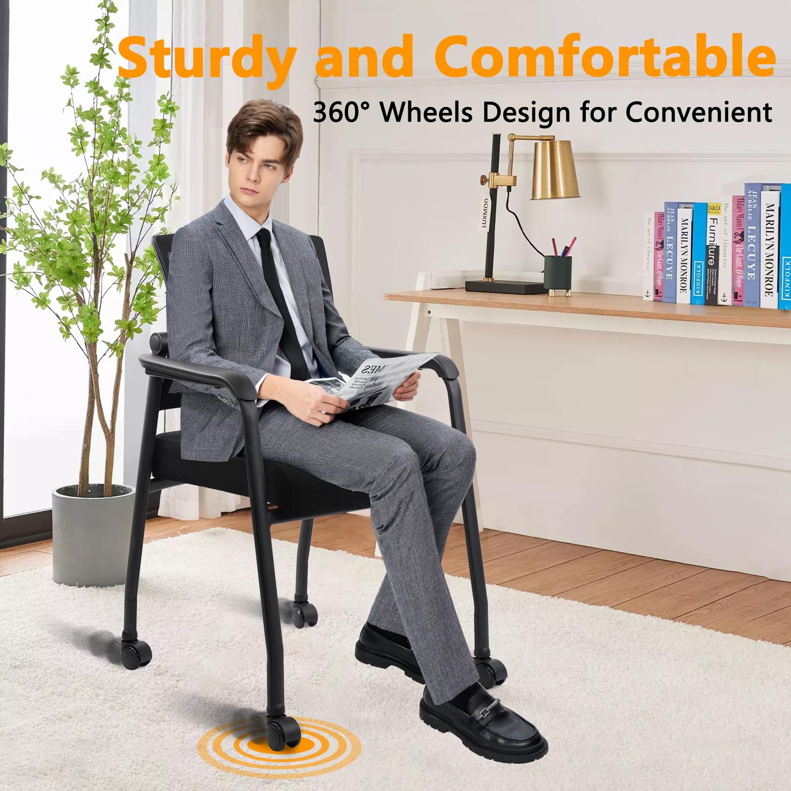 KLASIKA Waiting Room Chairs with Wheels, Adjustable Mesh Backrest, Desk Chair with Ergonomic Lumbar Support and Thickened Seats Cushion, 4 Pack Black