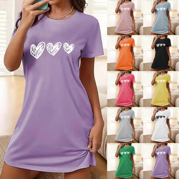 Aboser Nightgowns for Women Short Sleeve Sleepshirt Fashion Heart Graphic Loungewear Cozy Soft Short Nightshirts Loose Crew Neck Sleep Dress