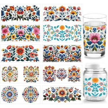 10 Sheets Flower UV DTF Cup Wrap for 16OZ Glass Colorful Flowers Leaves Folk Figure Rub on Decals PVC Transfer Stickers for DIY Bottles Containers Wood Garden Decor Women