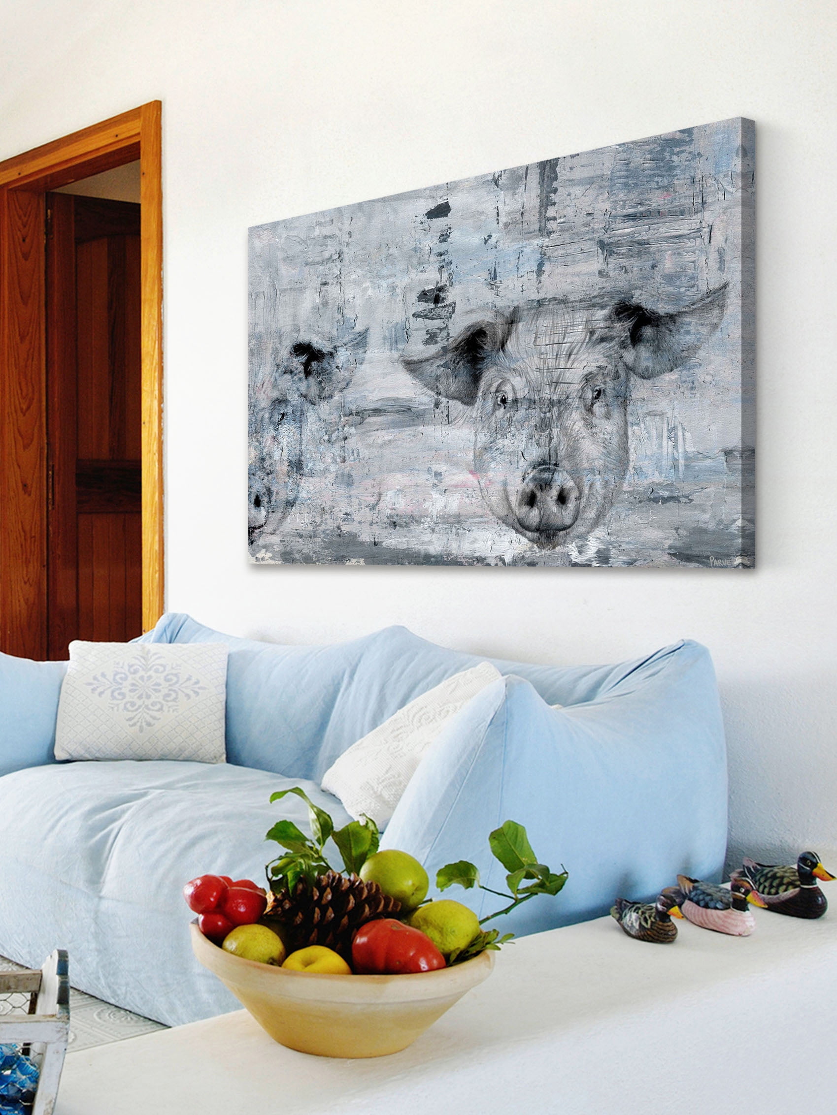 "Blue Pigs" Painting Print on Wrapped Canvas