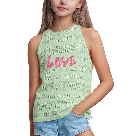 Girls Sleeveless Halter Knit Tank Top with LOVE Letter Print Green Summer Casual Top for Kids,Size 4-5T
