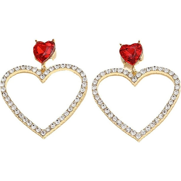 1 par de aretes colgantes de cristal con forma de corazón, aretes con forma de corazón de rubí rojo, diamantes de imitación, aretes colgantes con forma de corazón de amor hueco, aretes dorados brillantes y exagerados para novia Rojo Verde