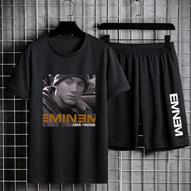 Eminem-Camiseta ajustada con estampado sombreado para hombre, pantalones cortos, traje deportivo de manga corta, camisetas informales de gran tamaño, pantalones cortos de Hip Hop, conjuntos de dos pie