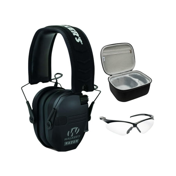 Walker's Razor Slim Electronic Muff (Black) with Shooting Glasses and Hard Case (3 Items)