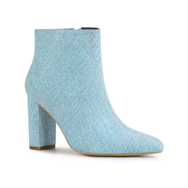 Unique Bargains Women's Glitter Pointed Toe Chunky Heel Ankle Boots Blue (Size 9)