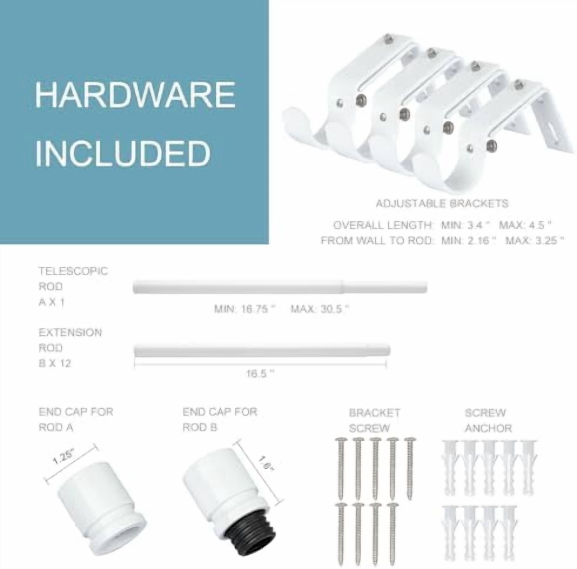 Curtain Rods for Windows 16 to 200 Inches Adjustable Length 1 Inch Diameter Window Curtain Rod with Aluminium End Cap, White