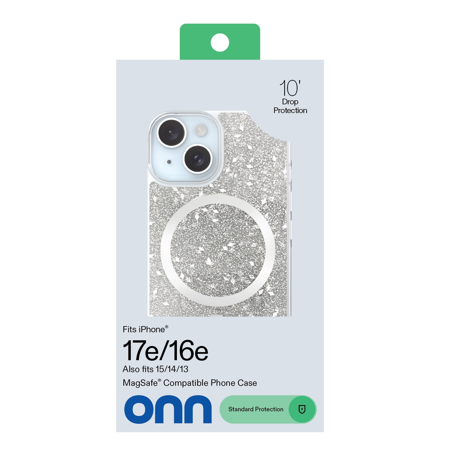 onn Phone Case for iPhone 17e / 16e / 15 / 14 / 13, MagSafe Compatible - Silver Glitter Fleck